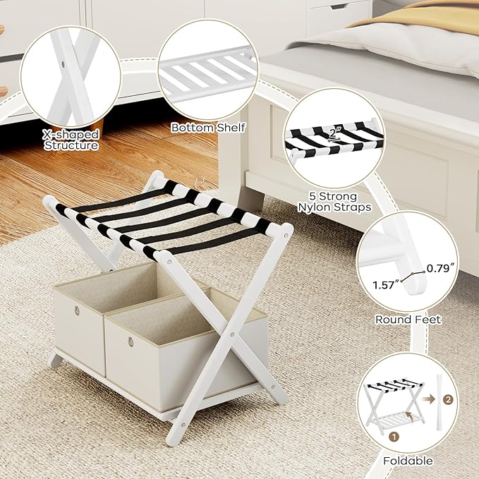 Fully Assembled Luggage Racks Set of 2 with 4 Foldable Cube Storage Bins, 26.77" Bamboo Luggage Rack Stand for Guest Room, 5 Nylon Straps, Suitcase Stand with Storage Shelf for Bedroom Hotel, White