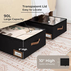 StorageWorks Under Bed Storage with Wheels, 10" Underbed Storage Containers with Lid, 90L Clothes Organizer for Blankets, Sweaters, Bedding, 2-Pack, Black