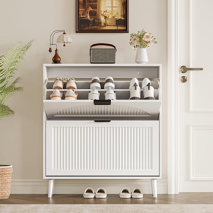 Shoe Cabinet for Entryway with 2 Flip Drawers, Slim Wooden Shoe Storage Organizer with Modern Fluted Pannel，Freestanding Narrow Hidden Shoe Rack for Hallway, Foyer, Living Room