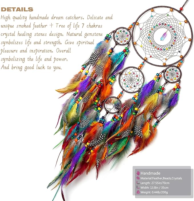 Large Dream Catchers, Handmade Woven Colorful Dream Catcher Wall Hanging, with Tree of Life Natural Healing Crystal Stone for Bedroom Wedding Party Decor, Festival Blessing Gift (Colorful)