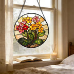 Stained Glass Window Hanging, Yellow Red Flowers Sun Catcher for Window Door Home Decor Green Plant Suncatcher Christmas Mother's Day Birthday Gifts for Women Men Mom and Nana 6.3 in