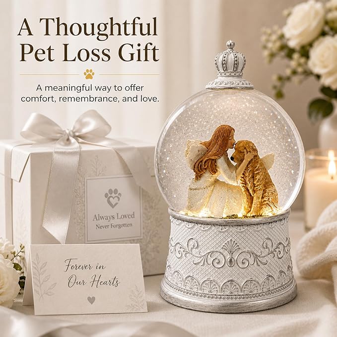 Dog Memorial Gifts for Loss of Dog Sympathy Gift, Snow Globe with Auto Swirling Glitter & 6H Timer, Battery or USB Powered, Dog Passing Away Gifts for Home Decor