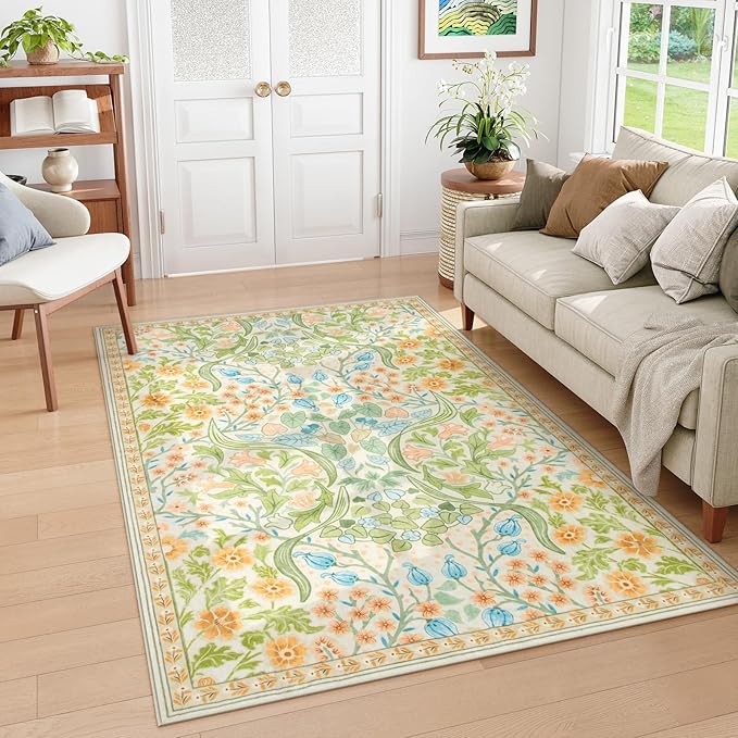 Moynesa Floral 5x7 Area Rugs, Machine Washable Rugs for Bedroom, Non Slip Boho Rugs for Living Room, Large Flower Stain Resistant Floor Carpet for Dining Room Home Office, Spring