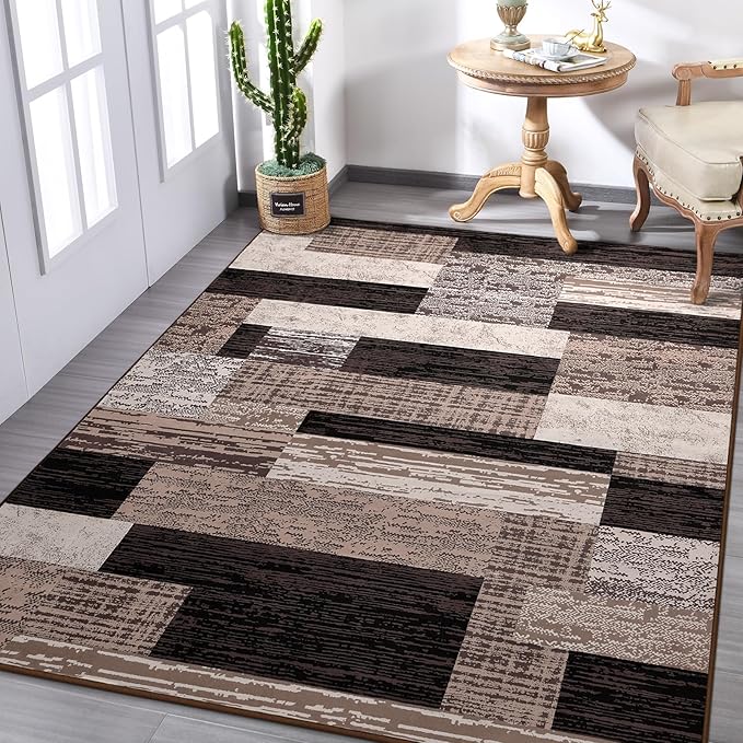 FlyDOIT Modern Geometric Patchwork Area Rug, 8x10 Chocolate Large Rugs for Living Room, Rockwood Collection Indoor Rugs for Bedroom, Throw Carpet Floor Decor for Entryway Dining Room Office Nursery