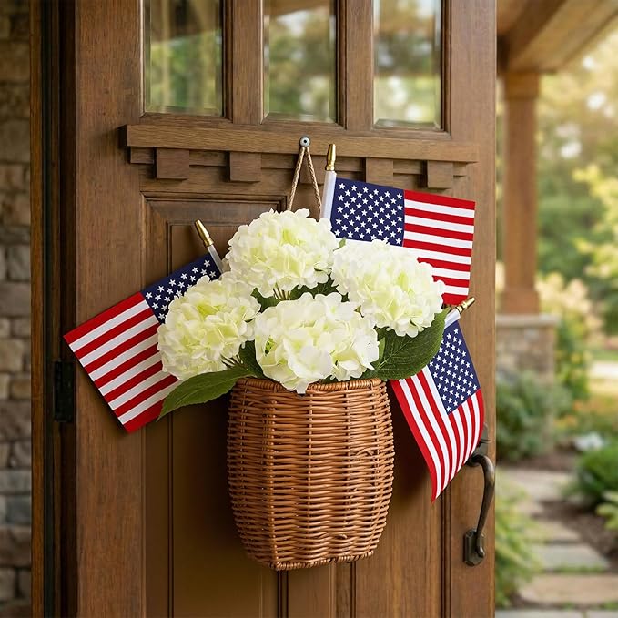 Riceshoot 4th of July Decoration Patriotic Door Hanger Basket Wreath for Front Door Woven Basket 250th Anniversary Hanging Sign with Artificial Hydrangea American Flag for Independence Day Table Decor