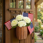 Riceshoot 4th of July Decoration Patriotic Door Hanger Basket Wreath for Front Door Woven Basket 250th Anniversary Hanging Sign with Artificial Hydrangea American Flag for Independence Day Table Decor
