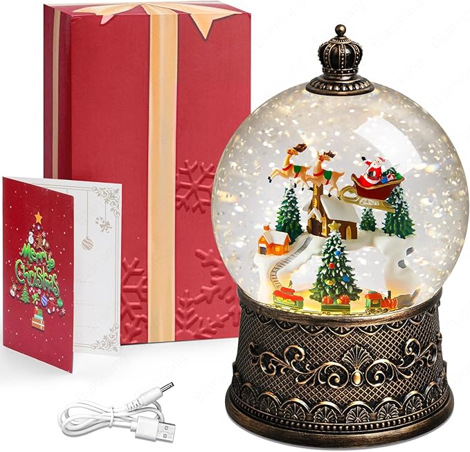 Snow Globe Christmas Decorations for Home Auto Snowfall Glitter Music Collection Santa Reindeer Train Snowy Village Scene with 6H Timer USB/Battery Powered 105mm Globe