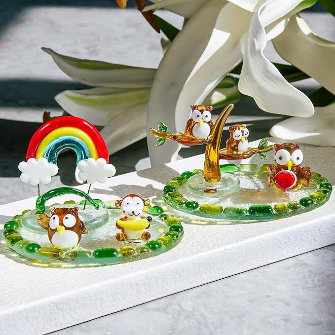 H&D HYALINE & DORA Blown Glass Owl and Monkey Figurine Miniature Aniamal Figurine with Round Base Handmade Glass Animal Collectible Figure for Christams Home Tabletop Decor