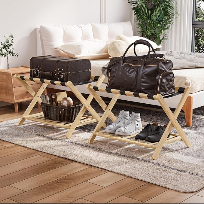 Smuxee Fully Assembled Luggage Rack Pack of 2, Upgraded Bamboo Foldable Suitcase Stand with 5 Nylon Straps, Luggage Holder with Shelf for Guest Room Bedroom Hotel