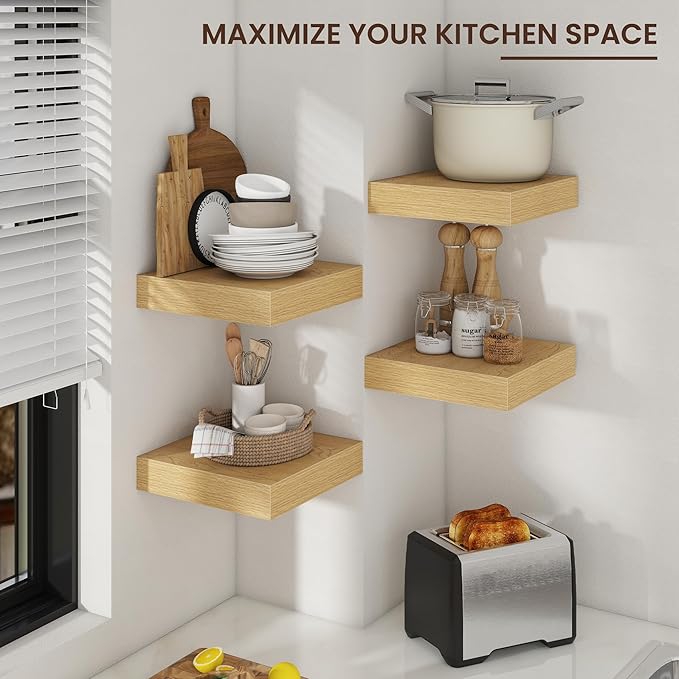 Venusmiles Square Floating Shelves for Wall, 12" W x 12" D x 2" H, 2 Pack of Small Wall Mounted Engineered Wood Shelves with Invisible Brackets for Living Room, Bedroom, Bathroom, Kitchen Decor, Oak