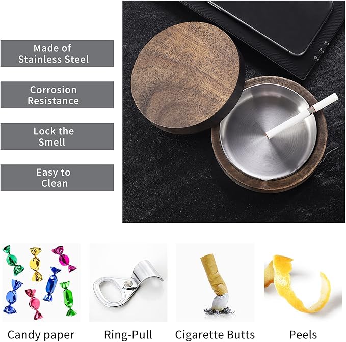 Wooden Ashtray with Lid for Smokers Stainless Steel Liner Ash Tray Windproof Durable Easy to Clean Cool Ashtrays for Indoor or Outdoor Use, Patio, Office & Home