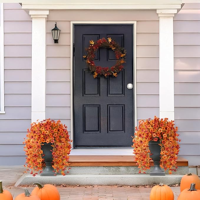 Homsunny Fall Flowers for Outdoors Fake Flowers UV Resistant Artificial Fall Flowers for Home Patio Balcony Yard Porch, Orange and Sunset Red