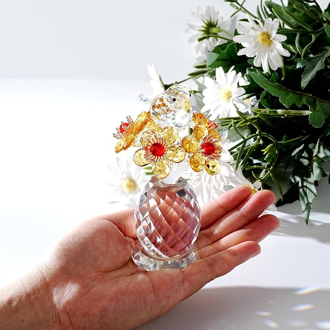 Crystal Bird & Forget-Me-Not Flower Figurine,3x4 inch Glass Flower Collectible Ornaments for Home Decor Table Centerpiece Glass Bouquet Flowers Keepsake Gifts for Women （Yellow）