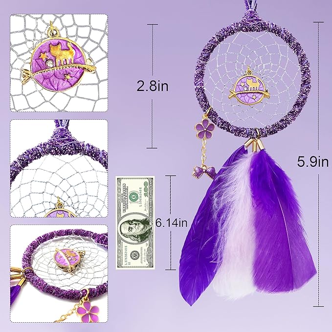 Mini Dream Catchers - Cute Kitten with Turkey Feather, Pastel Purple Flannel, Handmade Small Dreamcatcher for Bedroom, A Dream Catcher for Girls, Dream Catchers for Boys, Dream Catcher Wall Decor