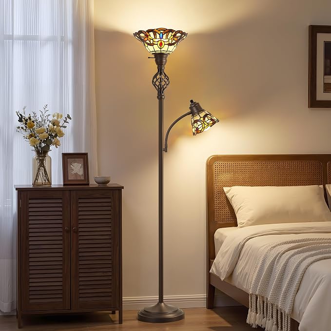 GyroVu Tiffany Floor Lamp, Torchiere Floor Lamps with Stained Glass Shade, 70" Tall Standing Lamp with Adjustable Gooseneck Reading Lamp for Living Room Bedroom Office, Bulbs Included
