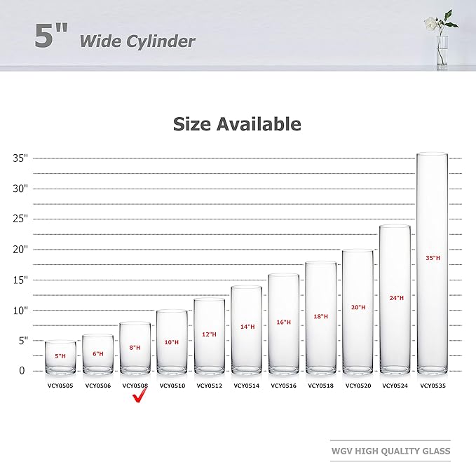 WGV Cylinder Vase Bulk, Diameter 5", Height 8", Clear Glass Floral Planter Container, Floating Candle Holder for Wedding Party Event Home Office Decor, 12 Pieces