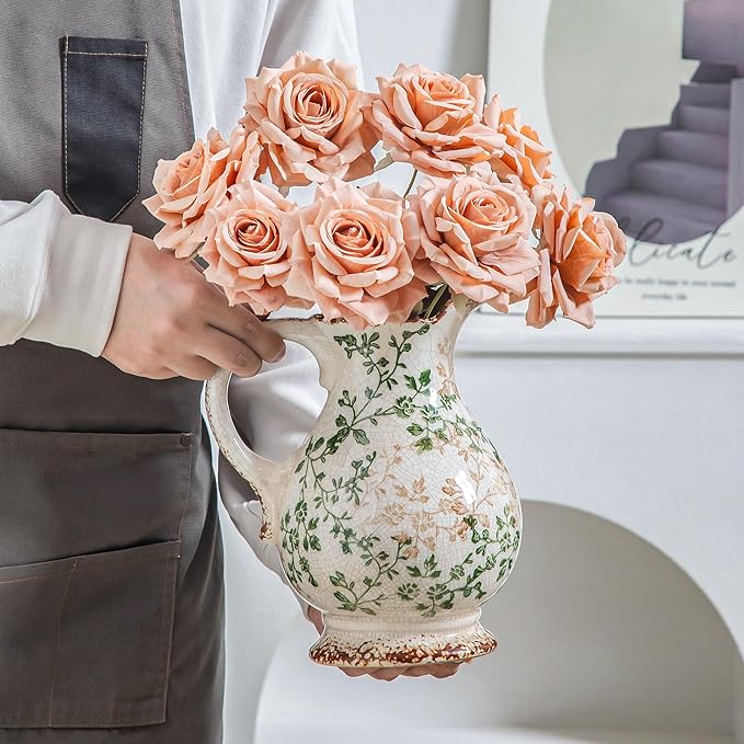 Enra Large Vintage Green Ceramic Vase and Pitcher for Home Decor, 9.7 Inch Rustic Chinoiserie Decorative Vases, Green and Beige Ceramic Vases for Living Room, Kitchen, Office – Large Vases for Decor