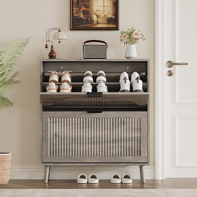 Shoe Cabinet for Entryway with 2 Flip Drawers, Slim Wooden Shoe Storage Organizer with Modern Fluted Pannel，Freestanding Narrow Hidden Shoe Rack for Hallway, Foyer, Living Room