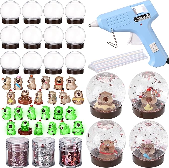 12 Sets Capybara Clear Plastic Snow Globes Kit with Glow in the Dark Resin Capybara, Sequins Flakes, Glue Guns for DIY Snow Globes Craft Gifts for Birthday Party Favor