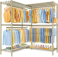 E15 Pro Garment Rack L Shaped Clothes Rack for Corner，Freestanding Clothing Racks for Hanging Clothes，Heavy Duty Closet System with 4 Hanging Rods & 8 S Hooks，48.8"W x 15.8"D x 78.4"H，Gold
