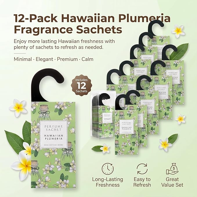 ROSE COTTAGE Large 12 Packs Hawaiian Plumeria Hanging Closet Air Freshener Scented Sachets Long Lasting Smell Goods
