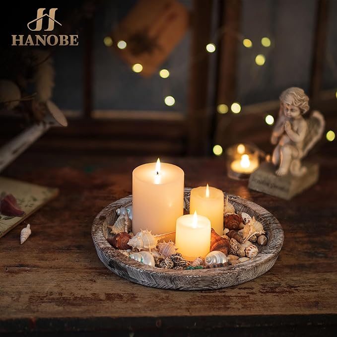 Hanobe Candle Plate Holder Tray: Round Wood Decorative Candle Plate - Rustic Farmhouse CoffeeTable Decor - Tealight Pillar Trays for Home Decor (Whitewash)