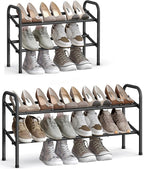 SONGMICS Expandable Shoe Rack, 2 Tier Shoe Rack Shelf, Adjustable Shoe Organizer Storage for 15 Pairs of Shoes, Metal Free Standing Shoe Racks for Closet, Front Door Entryway, Easy Assembly, Ink Black