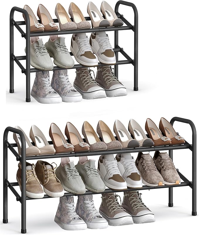 SONGMICS Expandable Shoe Rack, 2 Tier Shoe Rack Shelf, Adjustable Shoe Organizer Storage for 15 Pairs of Shoes, Metal Free Standing Shoe Racks for Closet, Front Door Entryway, Easy Assembly, Ink Black