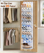 MISSLO 10 Tier Over the Door Shoe Organizer Breathable Mesh Hanging Shoe Rack for Closet Storage Shoe Holder for Door Fit 20 Pairs Sneakers, Sandals, Heels, Boots (White)