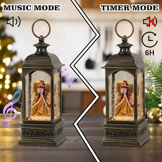 Wondise Lighted Angel Christmas Snow Globes Musical Lantern with Timer, USB Powered & Battery Operated Swirling Glitter Water Globes Christmas Decoration Lantern (3.7 x 3.7X 11.4 inch)