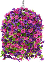 Homsunny Artificial Faux Hanging Flowers Plants Baskets for Outdoor Spring Summer Decorations,Resistant Fake Morning Glory Silk Plants for Outside UV Resistant Patio Yard Home Porch Decor(Mix Purple)