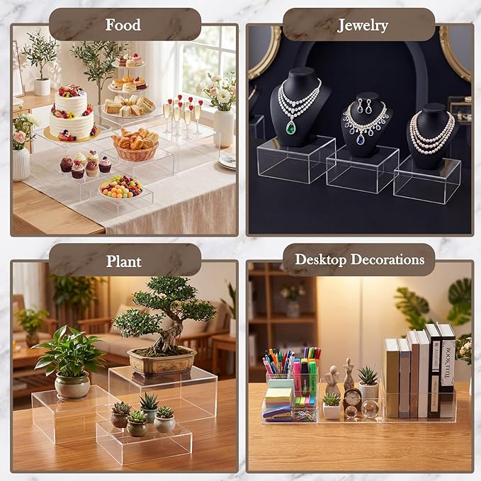 Geelin 6 Pack Acrylic Risers for Display Acrylic Cube Boxes Risers Display Stands with Hollow Bottoms Decorative Stand for Jewelry Candy Table Decor 6 Sizes(Clear,7 to 12 Inch,Square)