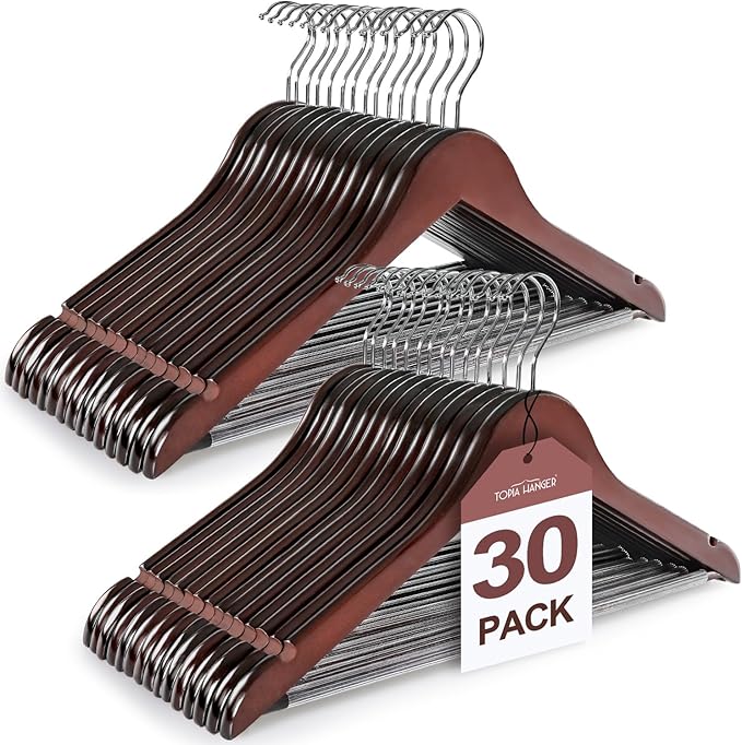 TOPIA HANGER Wooden Coat Hangers 30 Pack, Cherry Wood Suit Hangers with Non Slip Pants Bar, 360° Swivel Hook and Shoulder Notches for Camisole, Jacket, Pants, Smooth Finish Clothes Hangers - CT34M30