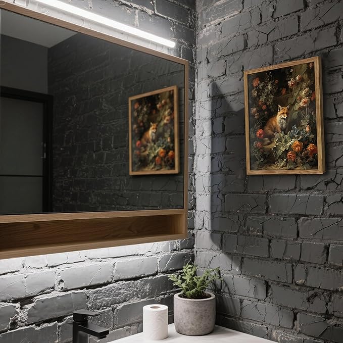 Framed Dark Academia Fox Canvas Wall Art, Sitting Fox Surrounded by Flowers, Elegant Vintage Botanical Poster, Fine Art Print for Living Room Bedroom Study – Dark Wooden Frame 16x24in