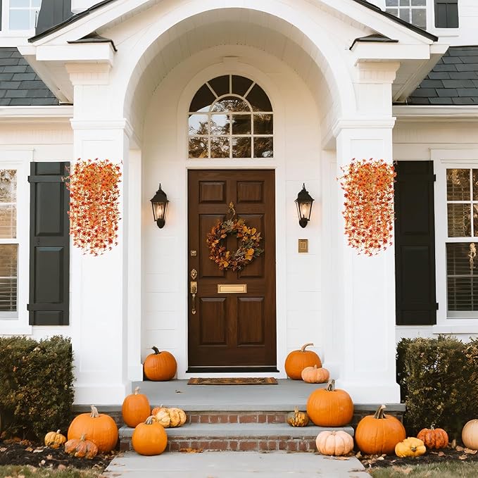 INQCMY Artificial Fall Fake Flowers for Outdoor Fake Hanging Decoration,2PCS Faux Mums Silk Flower with Autumn Leaves UV Resistant No Fade for Home Planter Porch Patio Yard Balcony Garden(Orange Red)