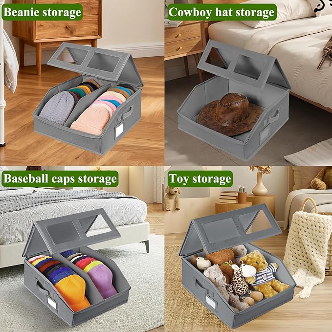 Hat Storage for Baseball Caps-Holds Up to 24 Caps, Hat Organizer for Closet Stackable Hat Box with Cardboard, Dustproof Baseball Cap Organizer with 2 Handles for Home Travel (Grey, 1 Pack)