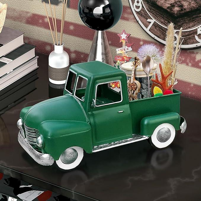 Farmhouse Green Truck Decor, Metal Pickup Trucks Planter, Vintage Old Truck Desktop Storage Car Model for Home Indoor and Outdoor Table Center Decor