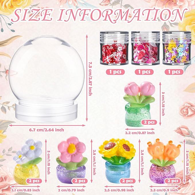 12 Sets Flower Craft Bulk Flower Plastic Clear Snow Globes Kit with Glow in The Dark Plates, Sequins Flakes, Glue Guns for Employee Make Your Own Party Snow Globes Craft DIY Gifts