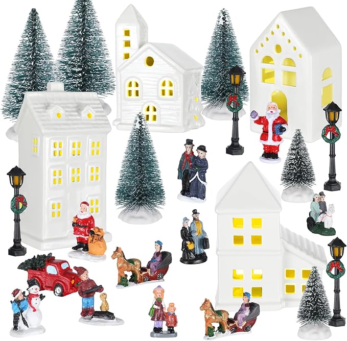 Soaoo 25 Pieces Christmas Village Sets Xmas Led Lighted Christmas Village Houses Mini Xmas Figurines Miniature for Collection Tabletop Mantel Shelf Indoor Accessories