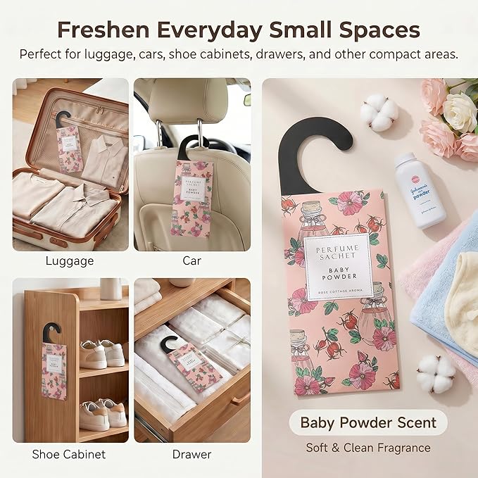 ROSE COTTAGE Large 12 Packs Baby Powder Hanging Closet Air Freshener Scented Sachets Long Lasting Smell Goods