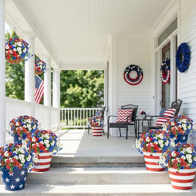 Hananona 2 Set Artificial Outdoor Flowers with Hanging Basket, 2 Hanging Planters with 24 Pcs Flowers for Summer Front Porch Garden Patio 4th of July Home Decor (2, Red, White, Blue)