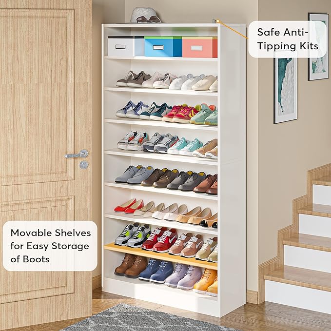Tribesigns Shoe Cabinet, 9 Tiers 40-45 Pairs Heavy Duty Wood Freestanding Shoe Storage Cabinet, 70.8'' Tall Shoe Cabinet with Open Storage for Entryway, White