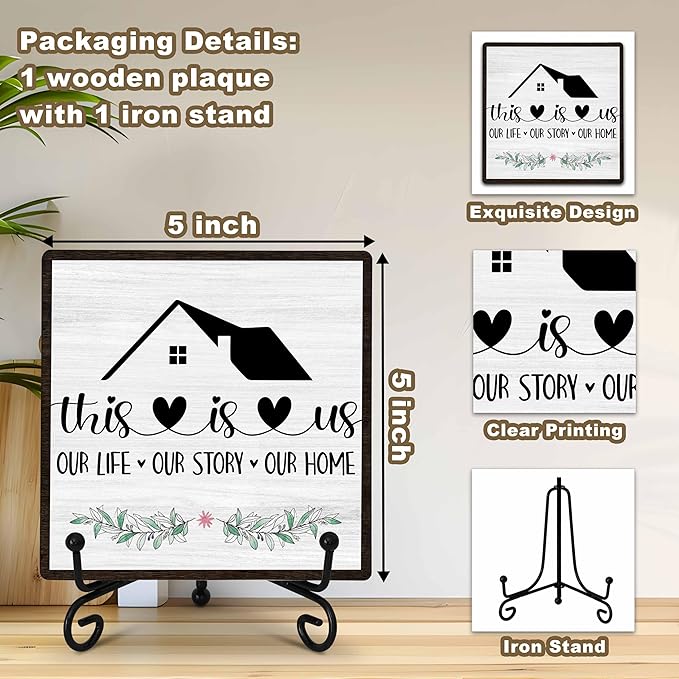 Welcome Home Sign, Home Kitchen Decor and Accessories, This Is Us Sign, Farmhouse Wooden Plaque with Iron Stand for Living Room Bedroom Table Shelf Decor-A18