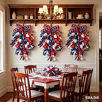 2 Pack 21'' Patriotic Teardrop Swag Wreaths for Cabinets Artificial 4th of July Swag Wreath with Red White Blue Tulips Floral and Berries for Independence Day Memorial Day Front Door Porch Window Wall