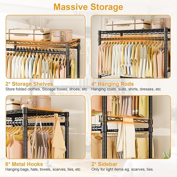 P4 Plus Rolling Clothes Rack Heavy Duty, Clothing Racks for Hanging Clothes, Free Standing Garment Racks with Wheels, Portable Closet Rack 45''W × 20.5''D × 80.5''H, Max Load 570 Lbs, Black