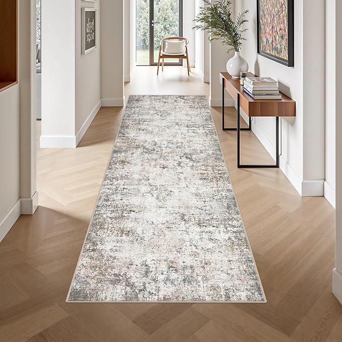 Washable Area Rug 3x10 Entryway Rug: Washable Modern Abstract Soft Thin Rug Indoor Floor No Slip Carpet for Bedroom Dining Room Farmhouse Nursery Home Office - Brown Grey