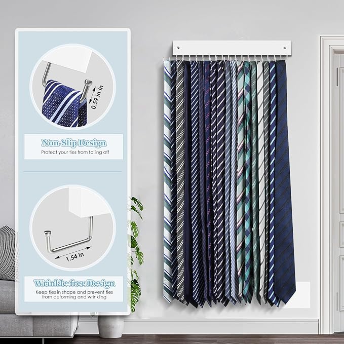 Tie Rack Belt Hanger Wall Mounted, Lomrsiul Non Slip 180 Degree Rotating Tie Organizer for Men Closet with 18 Hooks Closet Organizers and Storage for Tie Belt Necklace Purse Scarf Bag White 2 Pack