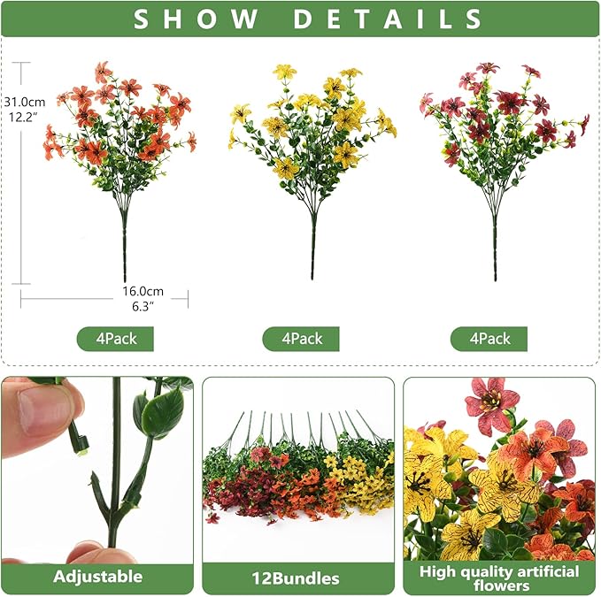 Artificial Flowers for Outdoors 12 Bundles Fake Plants Spring Home Decoration, Realistic Faux Flower Silk Daisy with Eucalyptus Stem UV Resistant Patio Planter Porch Yard Window (Yellow Brown Orange)