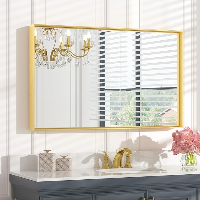 Keonjinn Gold Mirror for Bathroom 40 x 24 Inch, Brushed Gold Rectangular Mirror for Wall, Metal Framed Mirrors for Bathroom Sink, Full Length Rectangle Vanity Mirrors(Horizontal/Vertical)