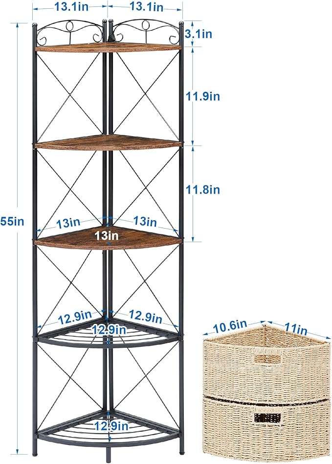 VECELO 5 Tier Corner Shelf with 2 Woven Basket, 55" Tall Standing Organizer, Rustic Brown Storage Rack, Narrow Bookshelf Display Shelves Rack for Wall Corner, Living Room, Kitchen, Bedroom, Office
